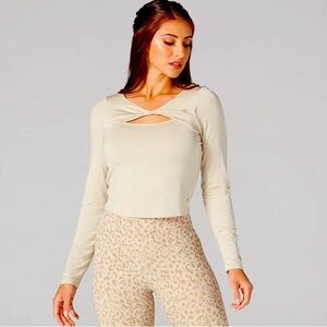 Tavi Active Sold@Neiman Marcus Latte Form Cropped Long Sleeve Top Twist front XS